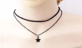 Leather Rop Star Double Chain Pendant Collar Necklace
