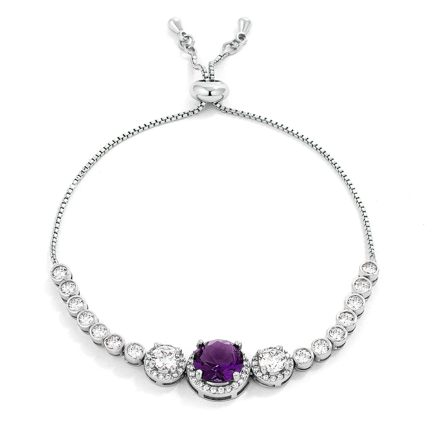 LOVCIA Rhodium-Plated Purple & Clear CZ Slider Tennis Bracelet with Graduated Stones