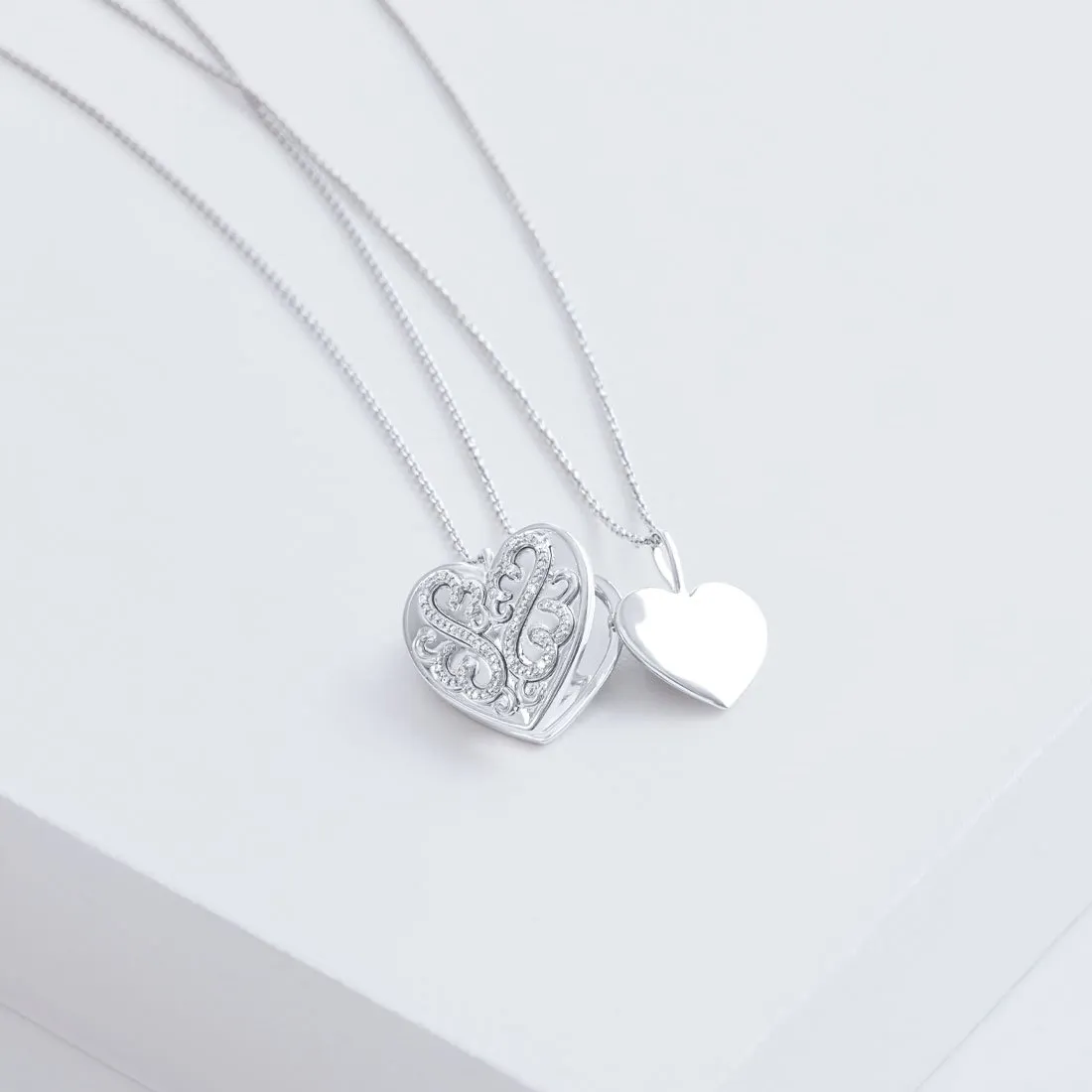 Mirage Diamond Set Infinity Heart Locket Necklace in Sterling Silver with Two Chains