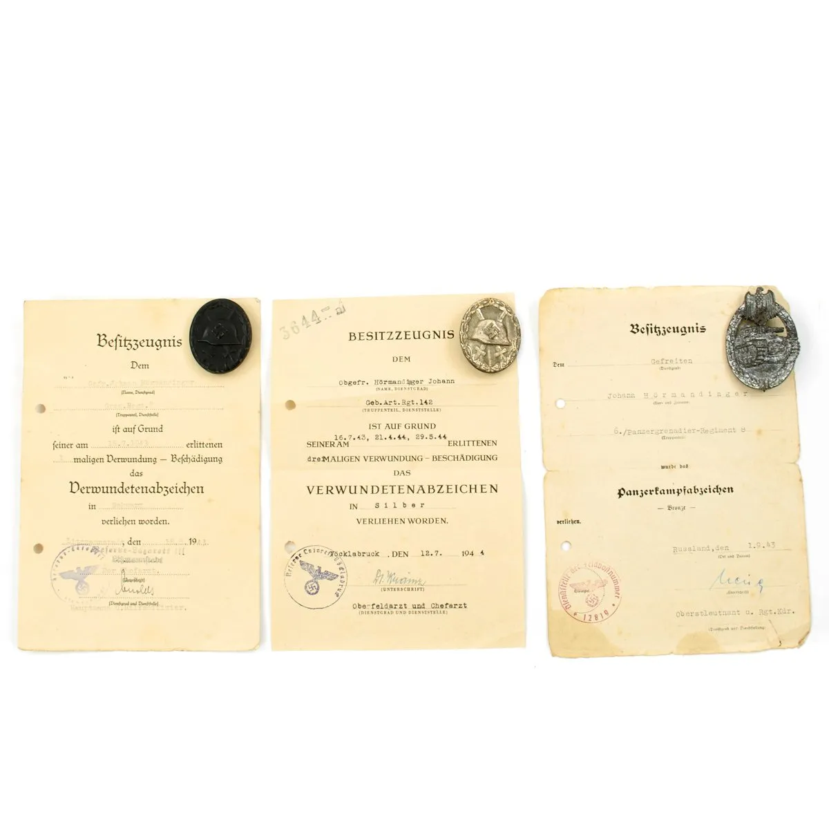 Original German WWII Named Panzergrenadier Obergefreiter Awards Grouping