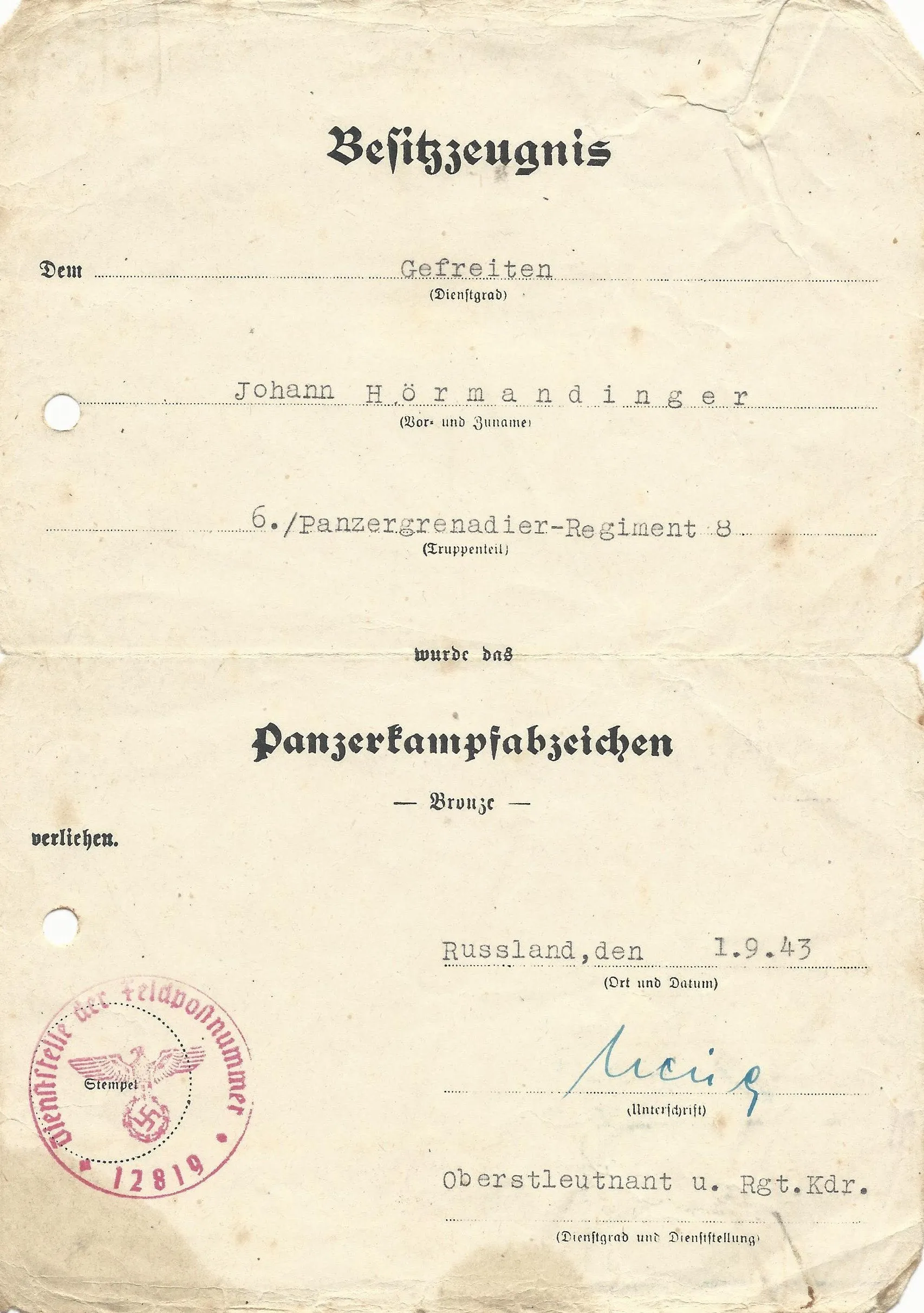 Original German WWII Named Panzergrenadier Obergefreiter Awards Grouping