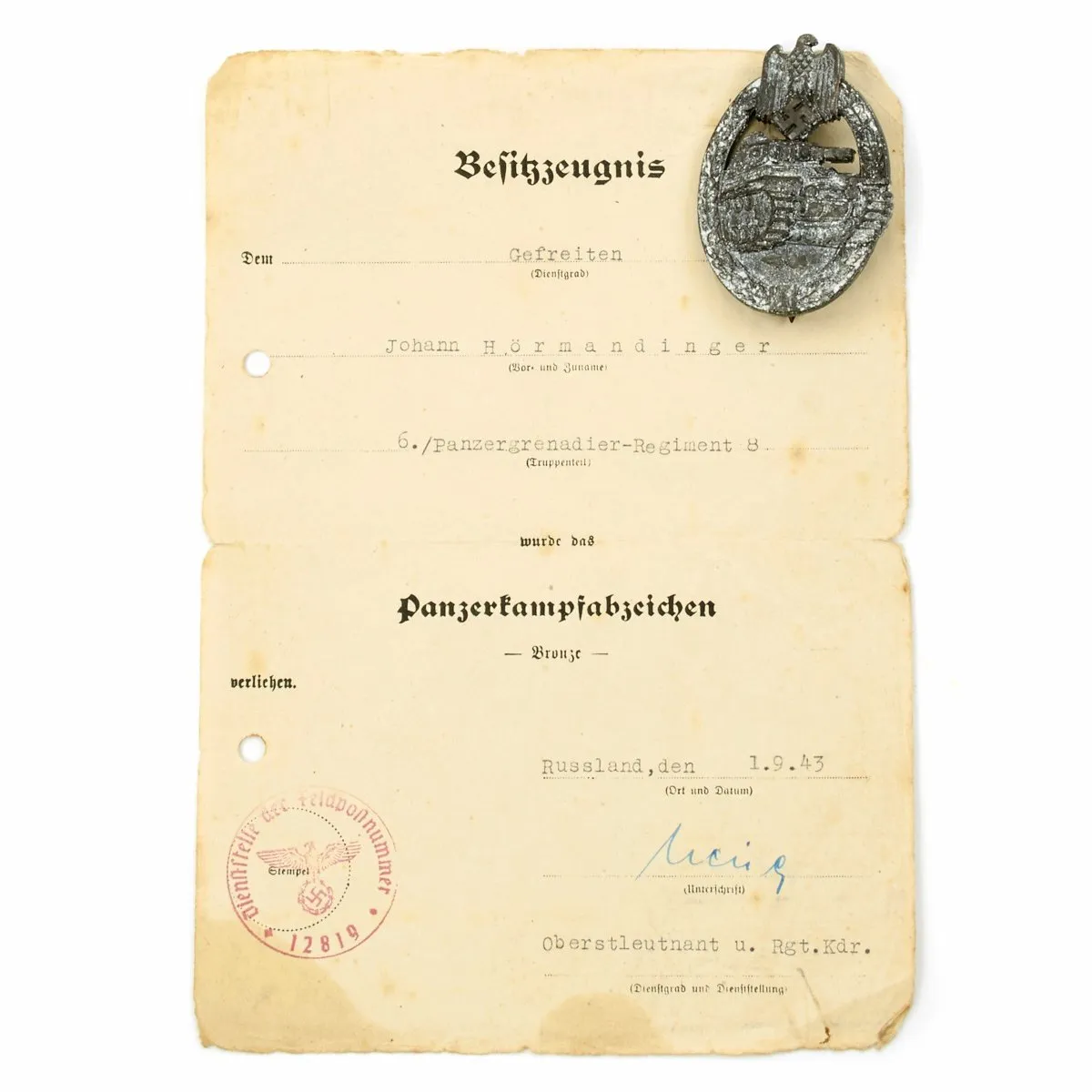 Original German WWII Named Panzergrenadier Obergefreiter Awards Grouping