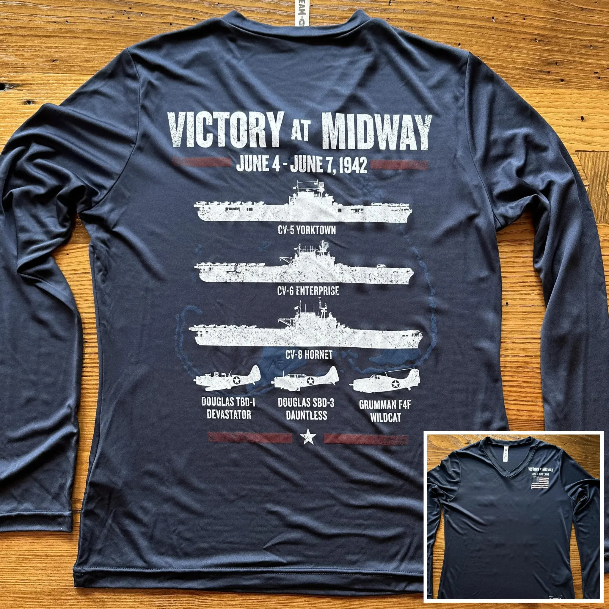 "Victory at Midway" on moisture-wicking 100% polyester interlock with SPF 40  UV protection - Long-sleeved