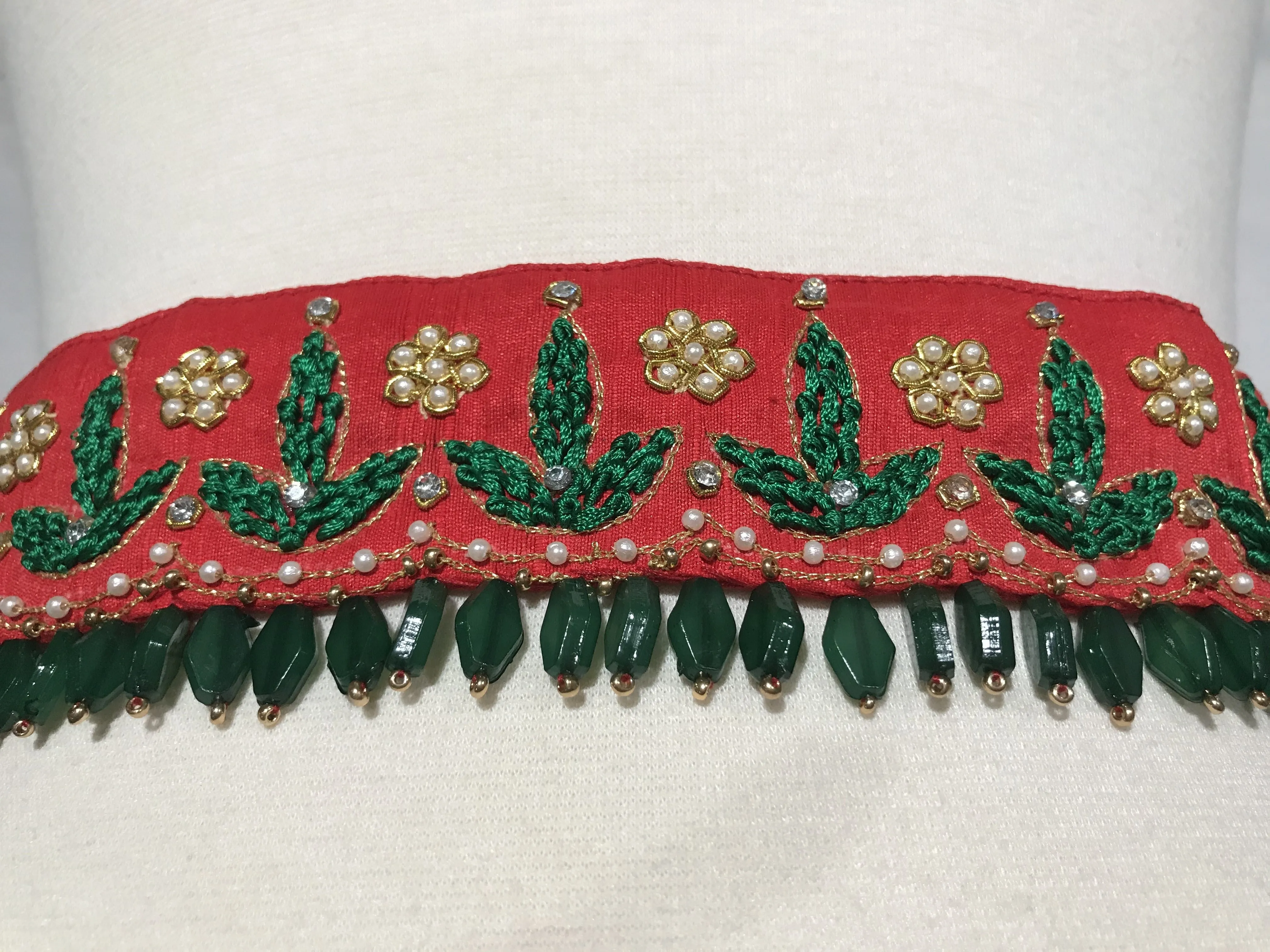 Red & Green Color Maggam Work Raw Silk Waist Belt