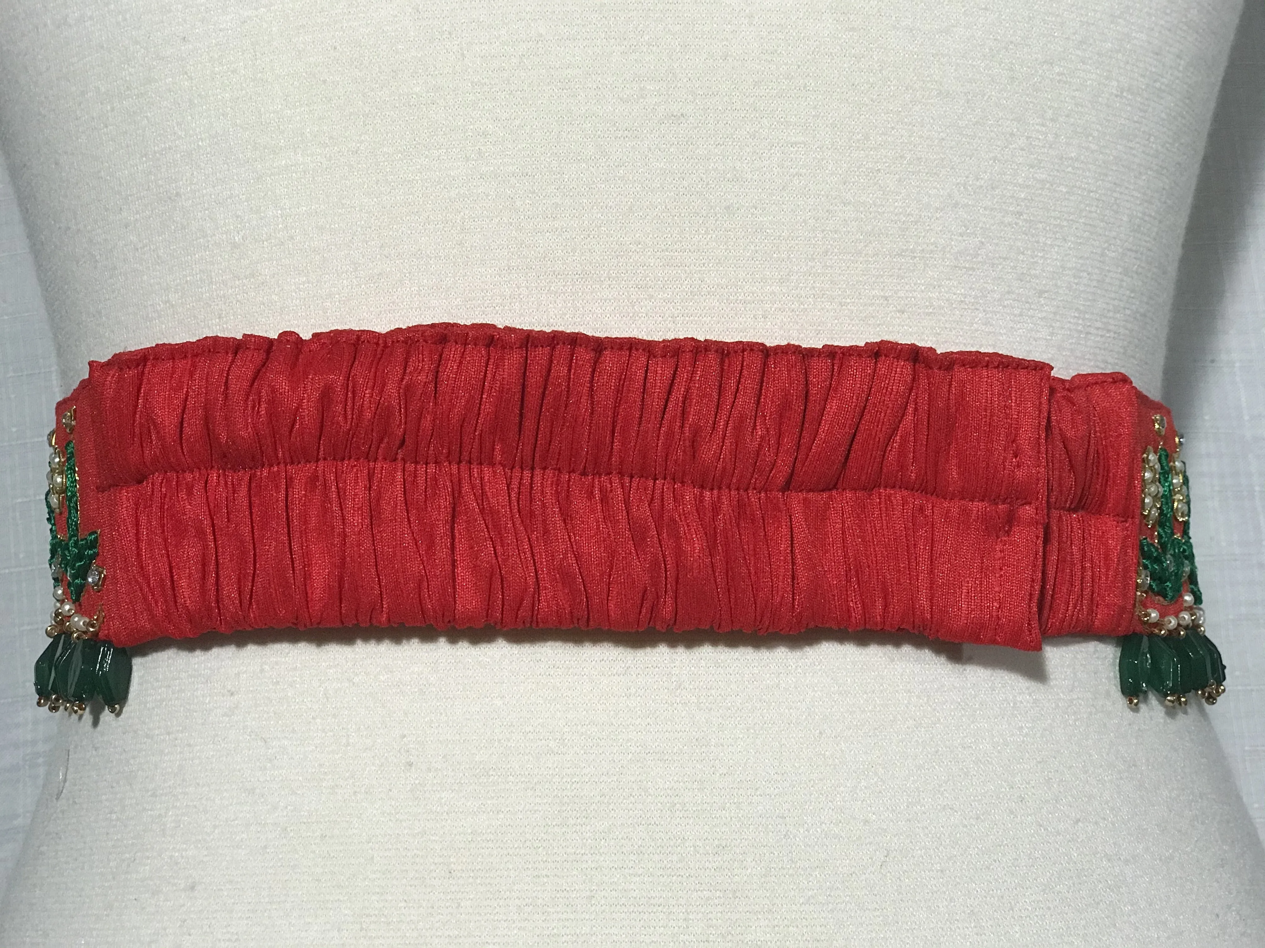 Red & Green Color Maggam Work Raw Silk Waist Belt