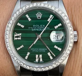 Rolex 36mm Datejust 16220 Stainless Steel Unisex Watch.  Refinished Malachite and Diamond Dial Custom Diamond Bezel Mint