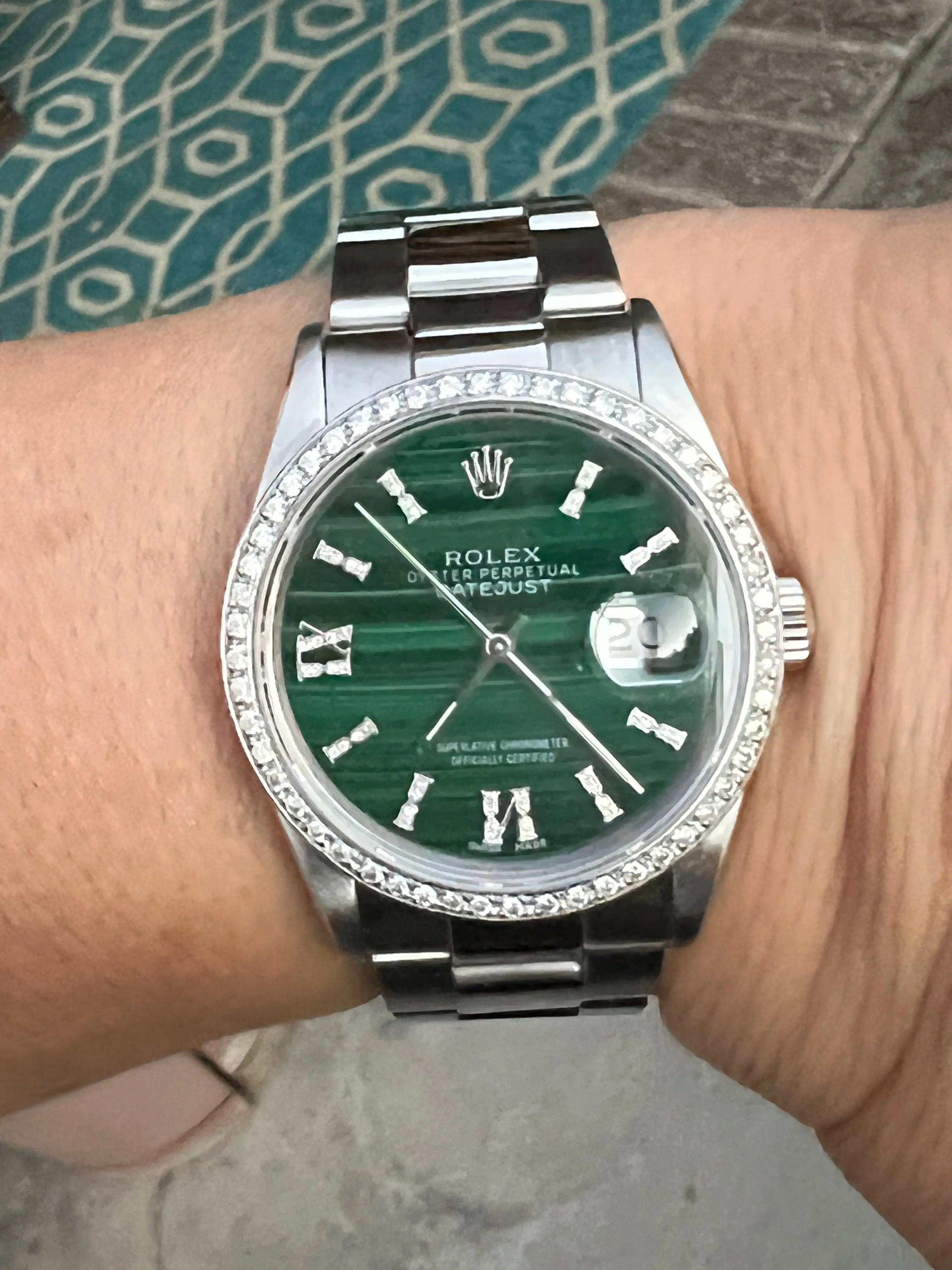 Rolex 36mm Datejust 16220 Stainless Steel Unisex Watch.  Refinished Malachite and Diamond Dial Custom Diamond Bezel Mint