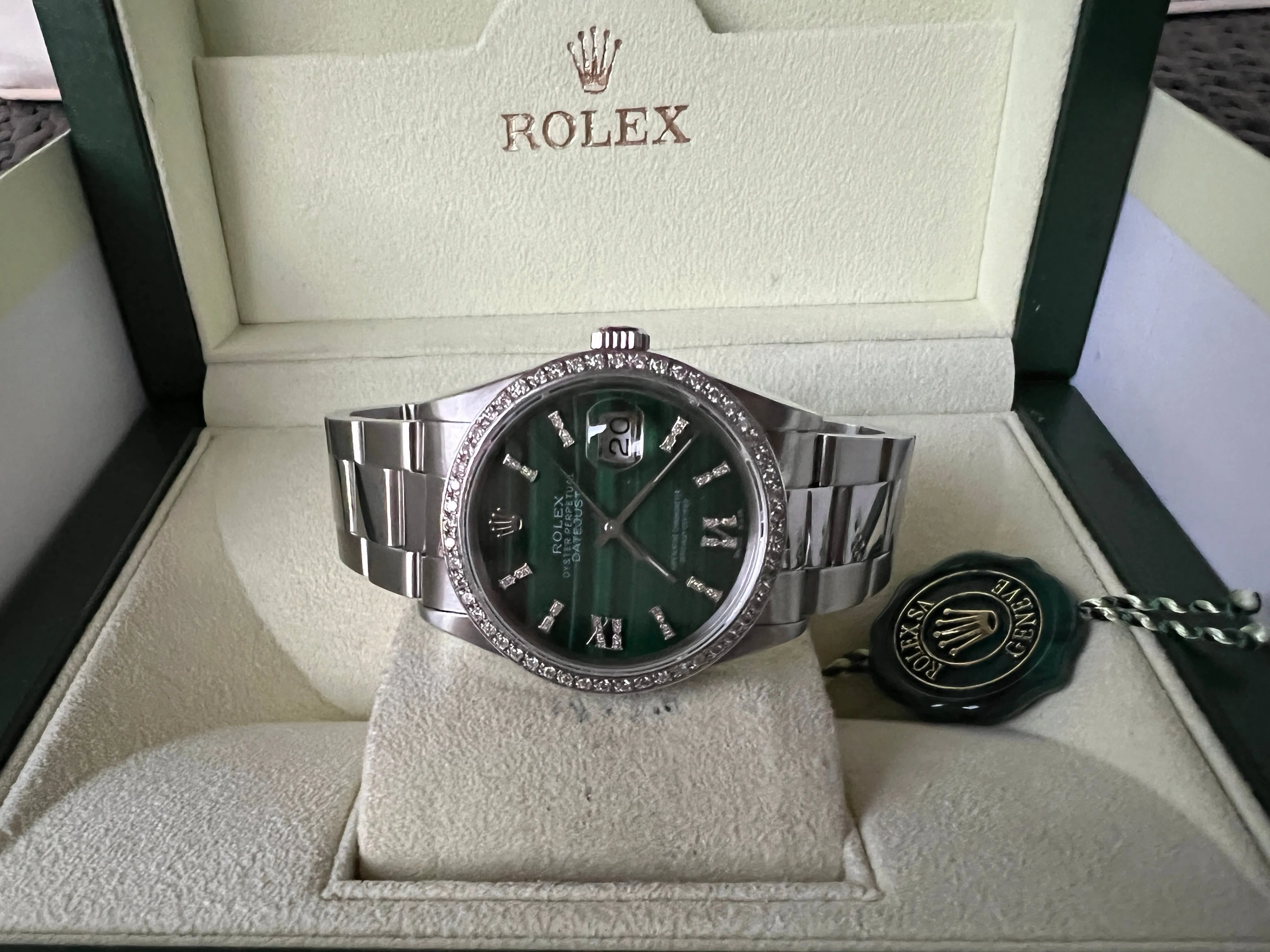 Rolex 36mm Datejust 16220 Stainless Steel Unisex Watch.  Refinished Malachite and Diamond Dial Custom Diamond Bezel Mint