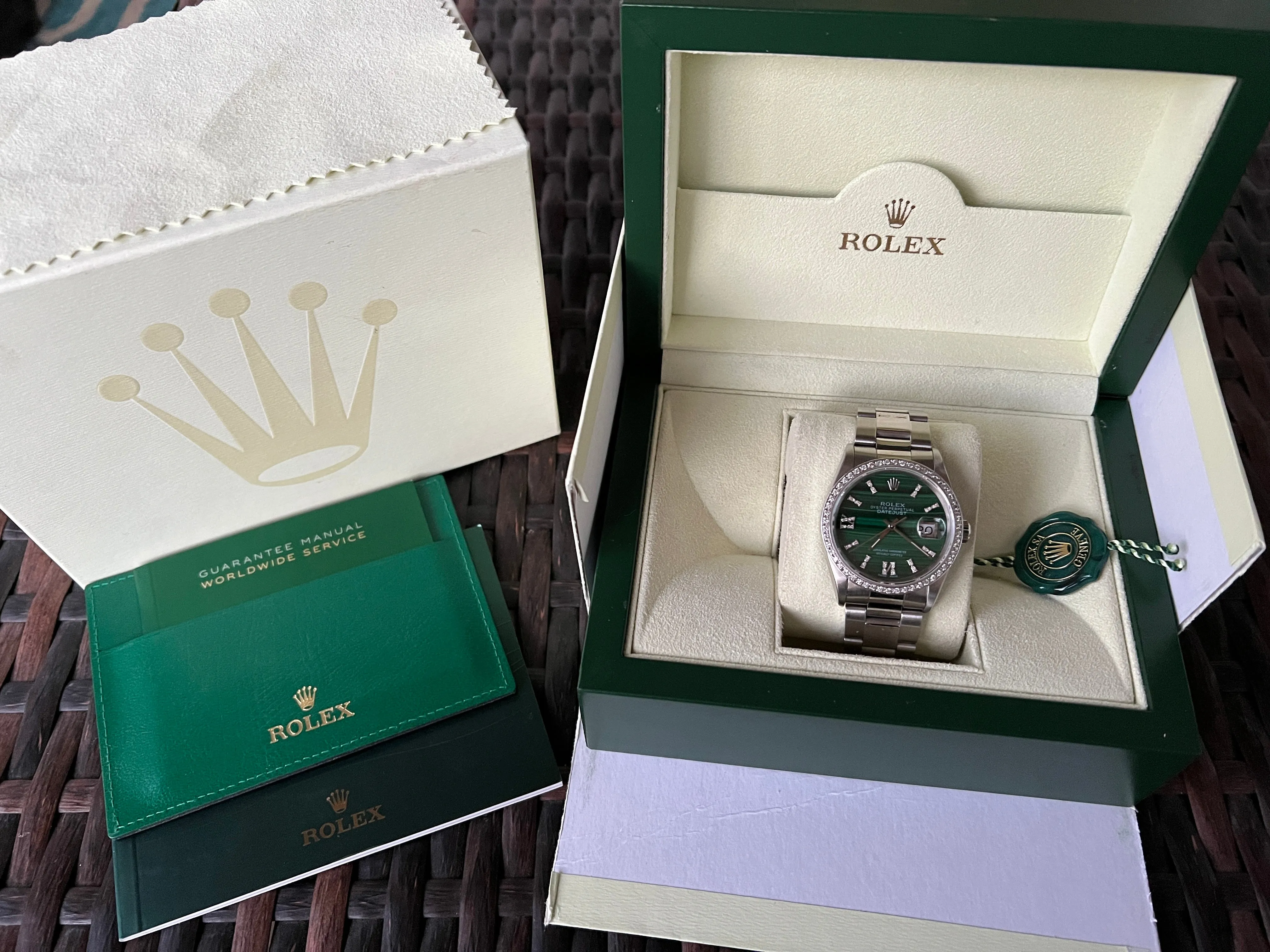 Rolex 36mm Datejust 16220 Stainless Steel Unisex Watch.  Refinished Malachite and Diamond Dial Custom Diamond Bezel Mint