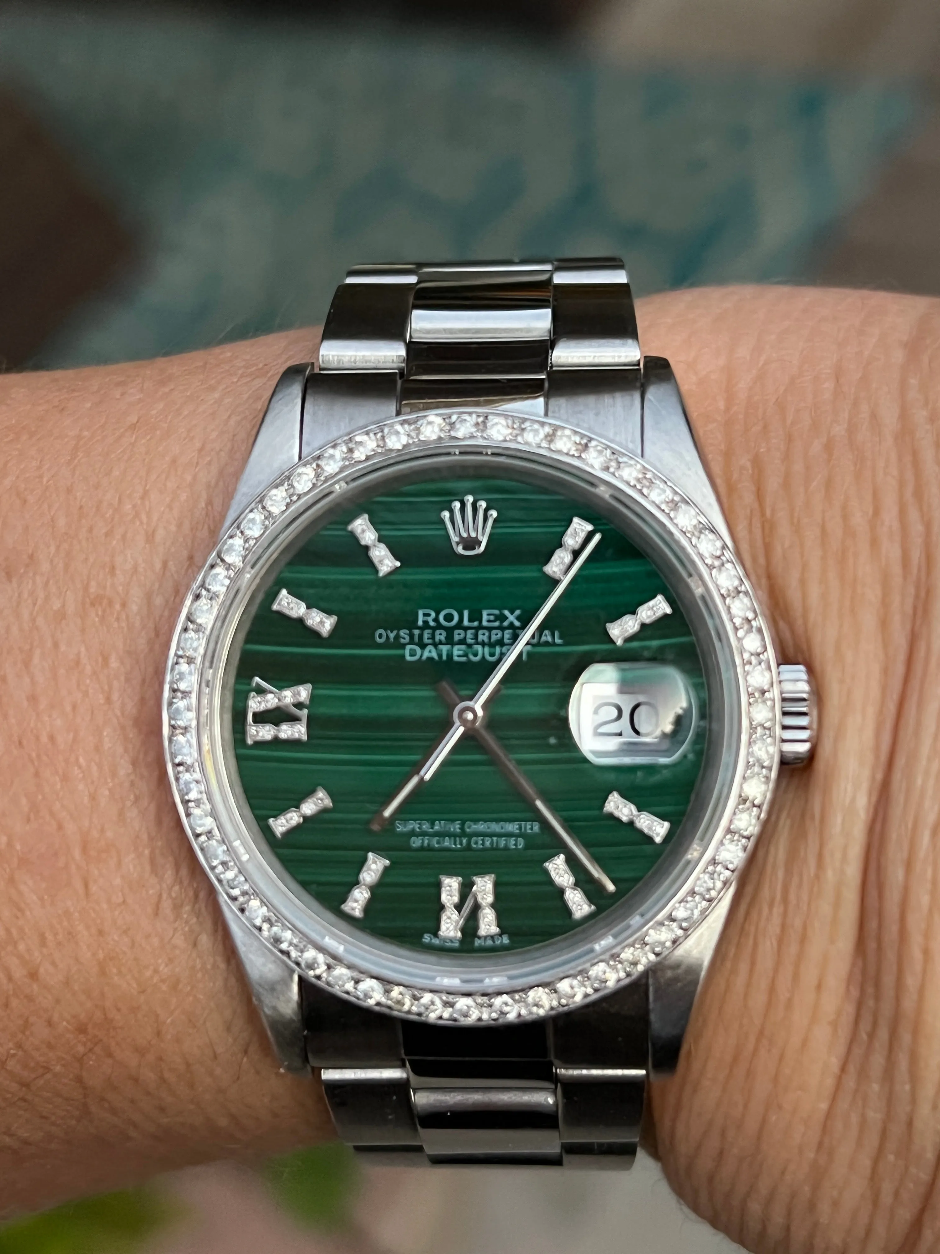 Rolex 36mm Datejust 16220 Stainless Steel Unisex Watch.  Refinished Malachite and Diamond Dial Custom Diamond Bezel Mint