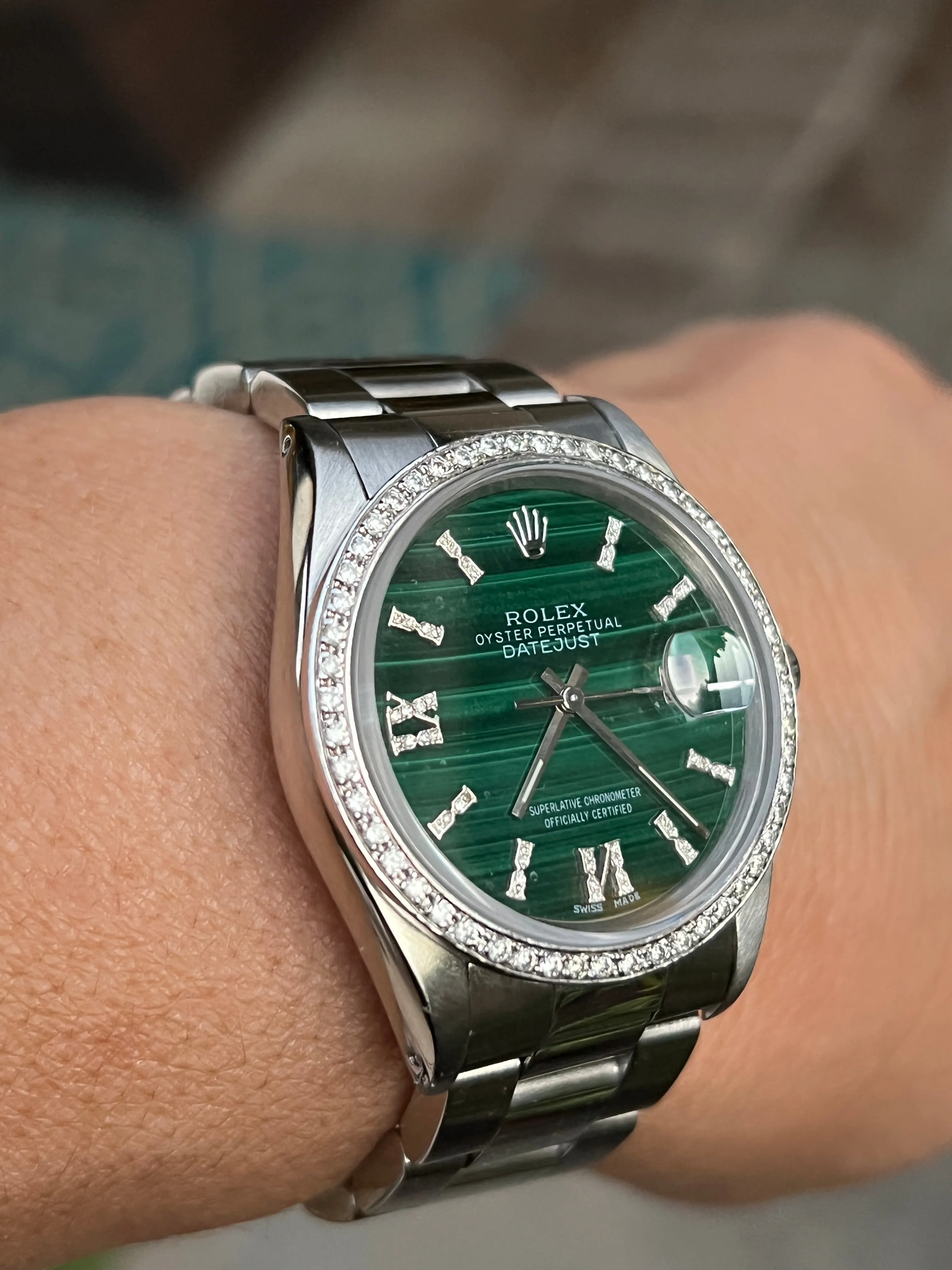 Rolex 36mm Datejust 16220 Stainless Steel Unisex Watch.  Refinished Malachite and Diamond Dial Custom Diamond Bezel Mint