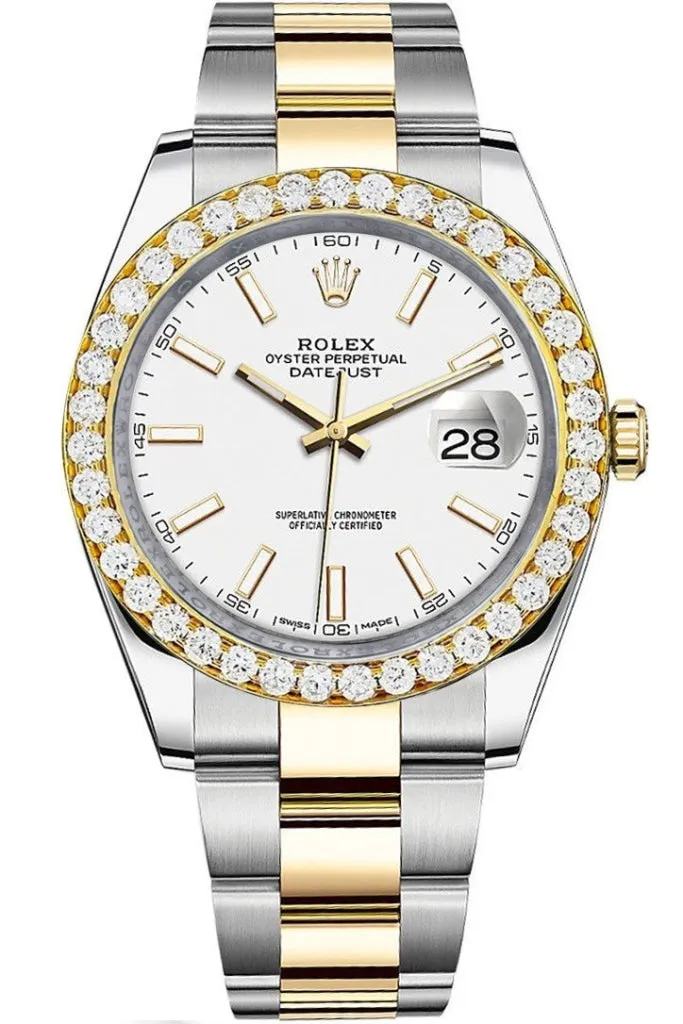 Rolex Custom Diamond Bezel Datejust 41mm White Dial Two Tone Oyster Men's Watch 126333