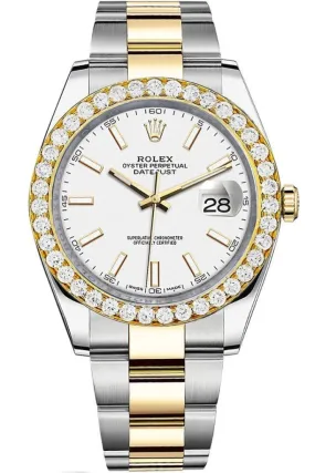 Rolex Custom Diamond Bezel Datejust 41mm White Dial Two Tone Oyster Men's Watch 126333