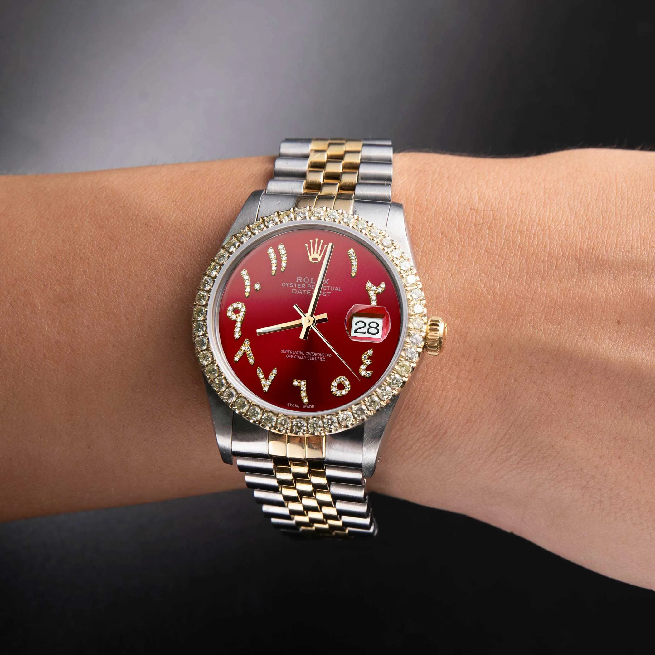 Rolex Datejust Diamond Bezel Watch 36mm Red Arabic Numeral Dial | 2.15ct