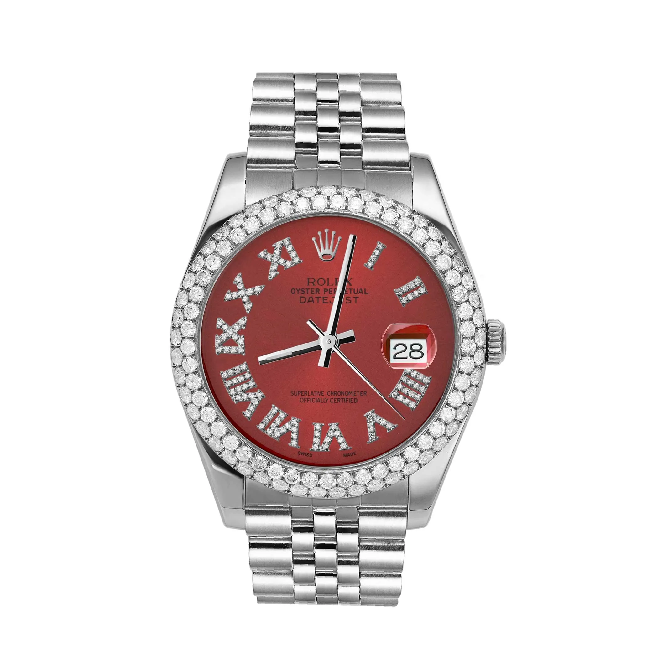 Rolex Datejust Diamond Bezel Watch 41mm Red Roman Dial | 5.25ct