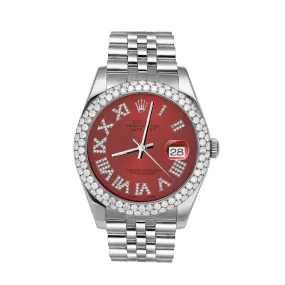 Rolex Datejust Diamond Bezel Watch 41mm Red Roman Dial | 5.25ct