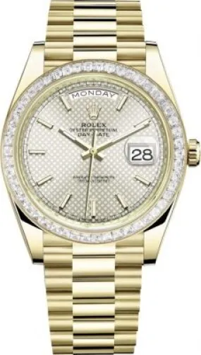 Rolex Day Date 40 Automatic Silver Diagonal-Motif Dial Men's 18kt Yellow Gold President Watch 228398SSP
