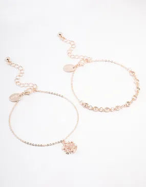 Rose Gold Plated Cubic Zirconia Snowflake Bracelet 2-Pack