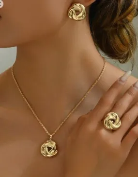 Shein Set Of Elegant Metal Twisted Flower Pendant Earrings, Necklaces & Ring /