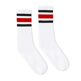 SOCCO Crew Length Socks - WHITE W/ BLACK AND RED STRIPES