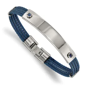Stainless Steel Polished Blue IP-plated Cable Blue CZ 7.25in ID Bracelet