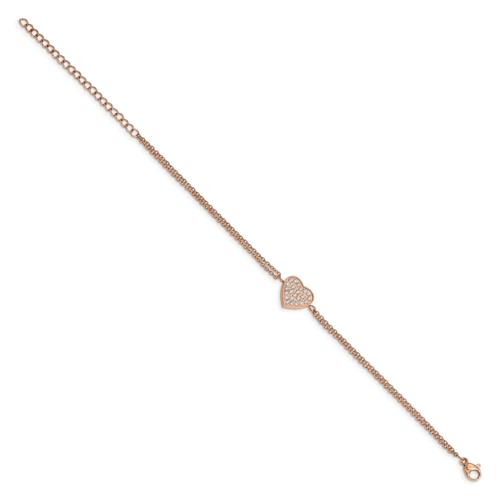 Stainless Steel Polished Rose IP with CZ Heart 6.25in w/2in ext. Bracelet