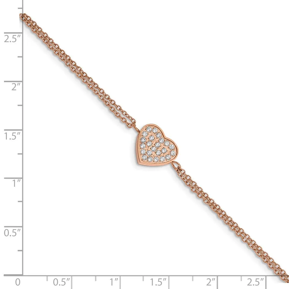 Stainless Steel Polished Rose IP with CZ Heart 6.25in w/2in ext. Bracelet