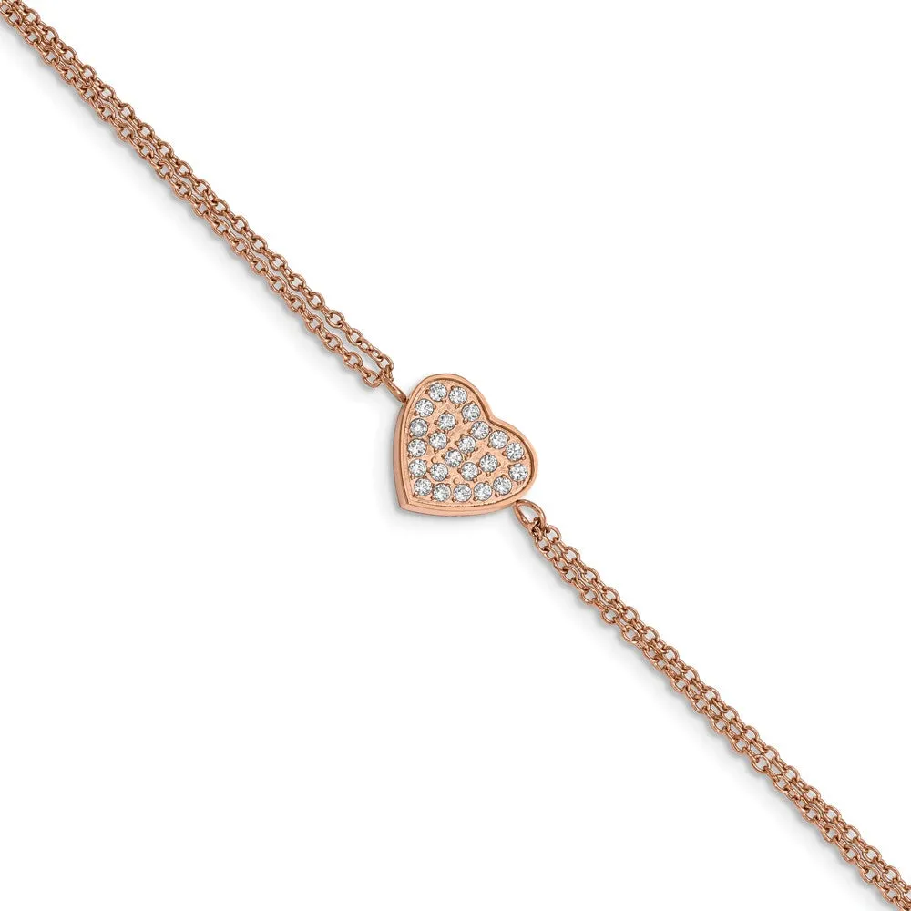 Stainless Steel Polished Rose IP with CZ Heart 6.25in w/2in ext. Bracelet