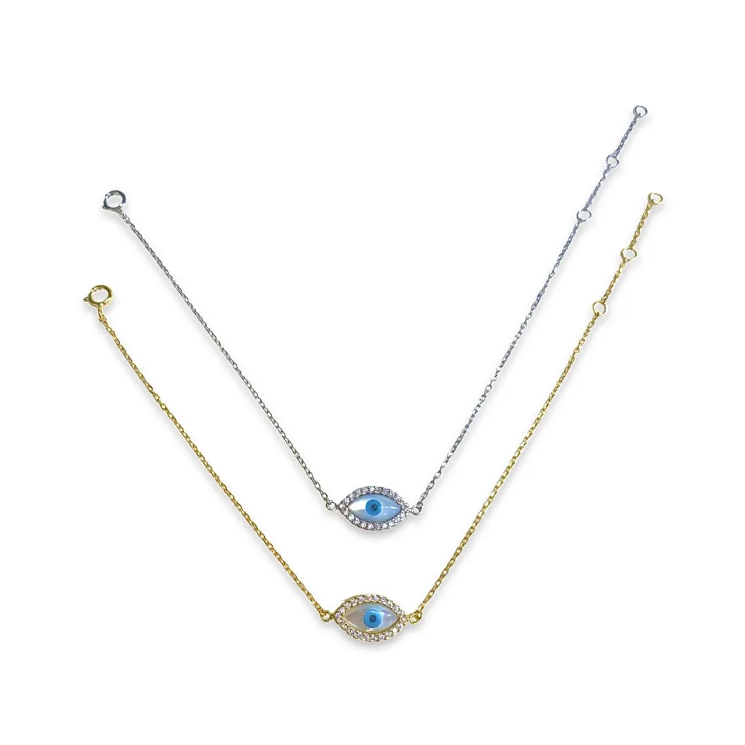 Sterling Silver Mother of Pearl Evil Eye Shaped Bracelet