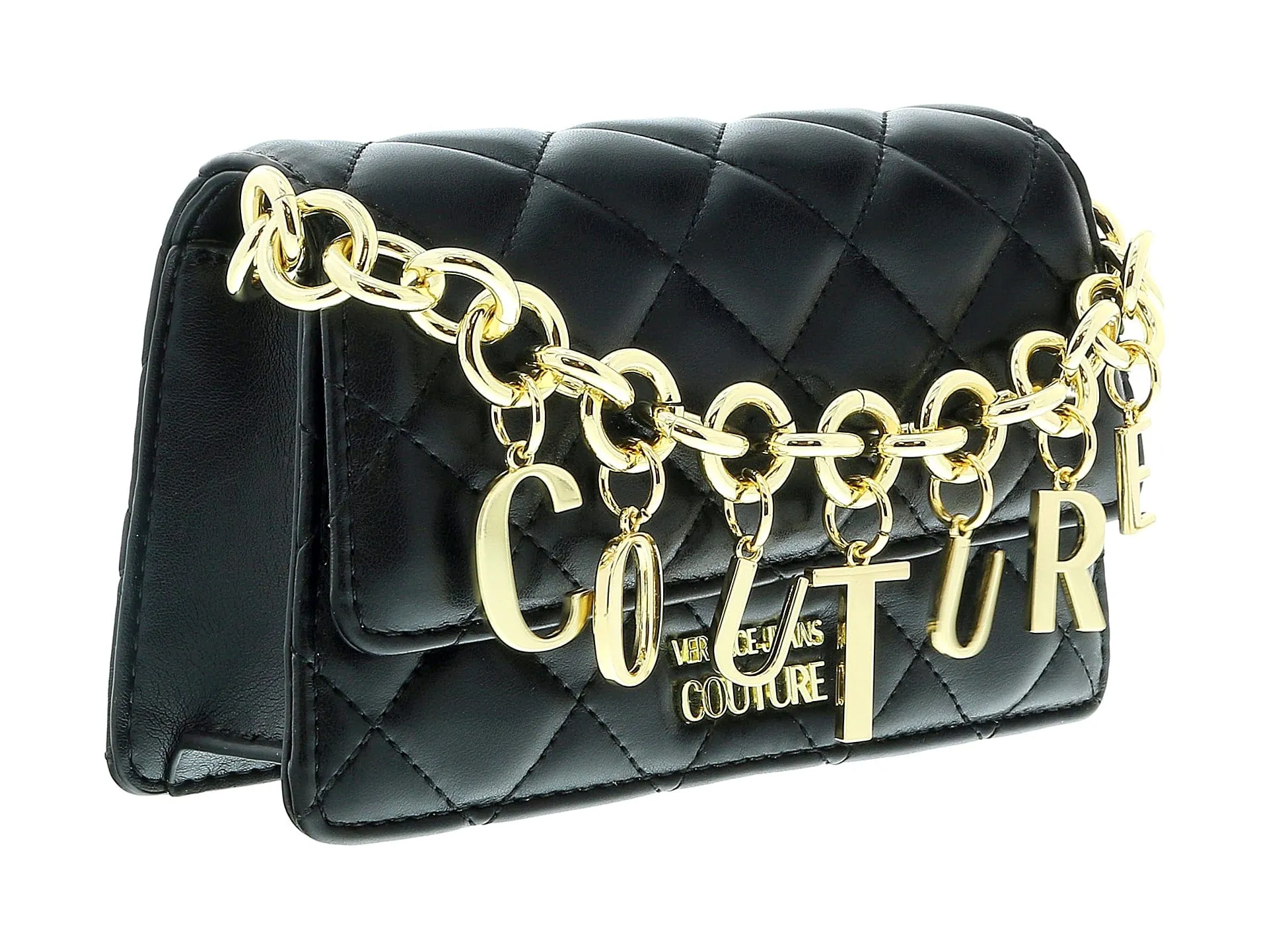 Versace Jeans Couture Black Charm Chain Strap Small Quilted Shoulder Bag