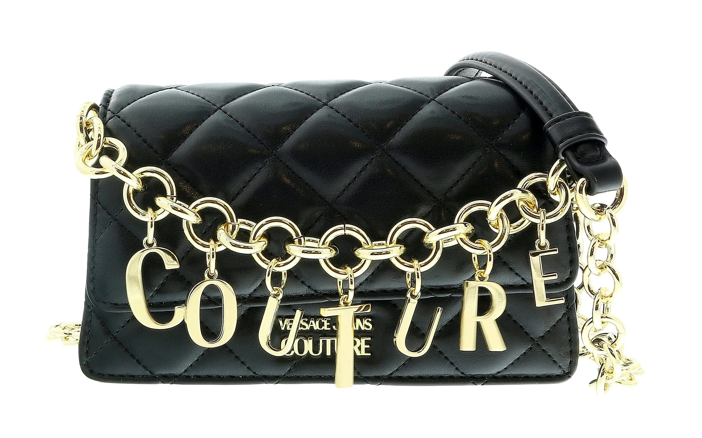 Versace Jeans Couture Black Charm Chain Strap Small Quilted Shoulder Bag