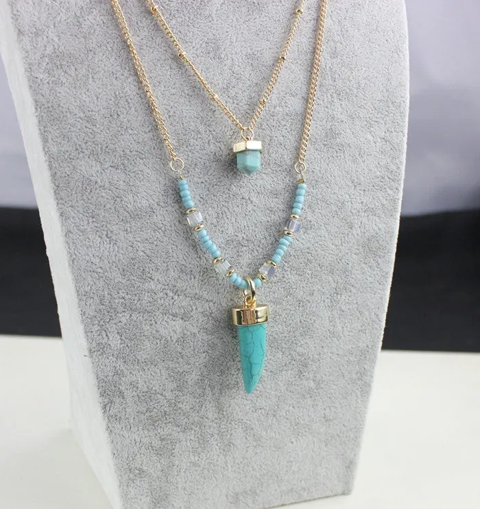 Vintage Multi-layers Gold Plated Long Chains Natural Stone Turquoise Hexagonal Column Necklace For Women Fine Jewelry