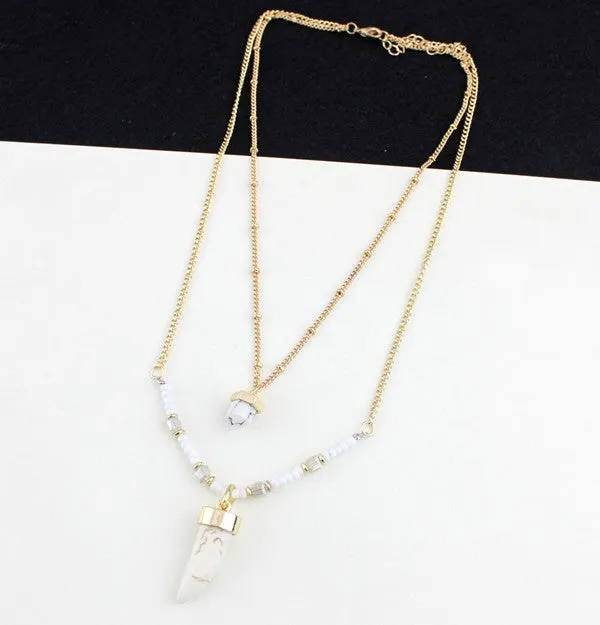 Vintage Multi-layers Gold Plated Long Chains Natural Stone Turquoise Hexagonal Column Necklace For Women Fine Jewelry