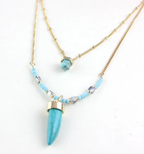 Vintage Multi-layers Gold Plated Long Chains Natural Stone Turquoise Hexagonal Column Necklace For Women Fine Jewelry
