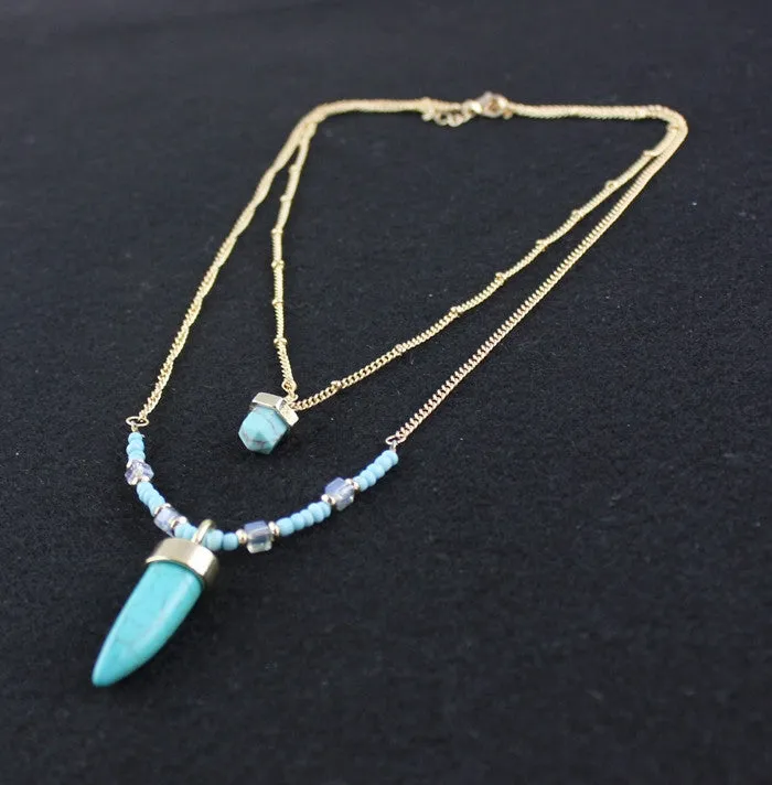 Vintage Multi-layers Gold Plated Long Chains Natural Stone Turquoise Hexagonal Column Necklace For Women Fine Jewelry