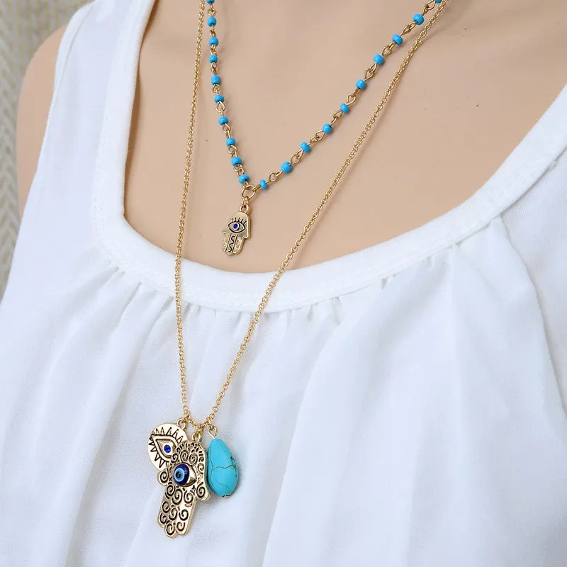 Vintage Multilayer Gold Plated Chain Fatima hamsa Hand Pendants Necklace Luck Hand Turquoise Palm nice Necklace collares