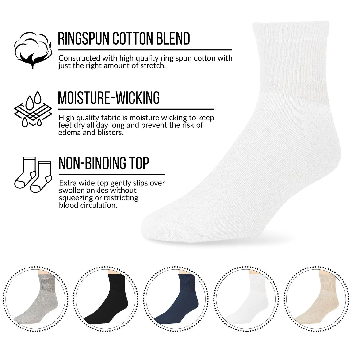 Women's Diabetic Neuropathy Cotton Quarter Socks - 6 Pairs, Women's Shoe Size 6-12