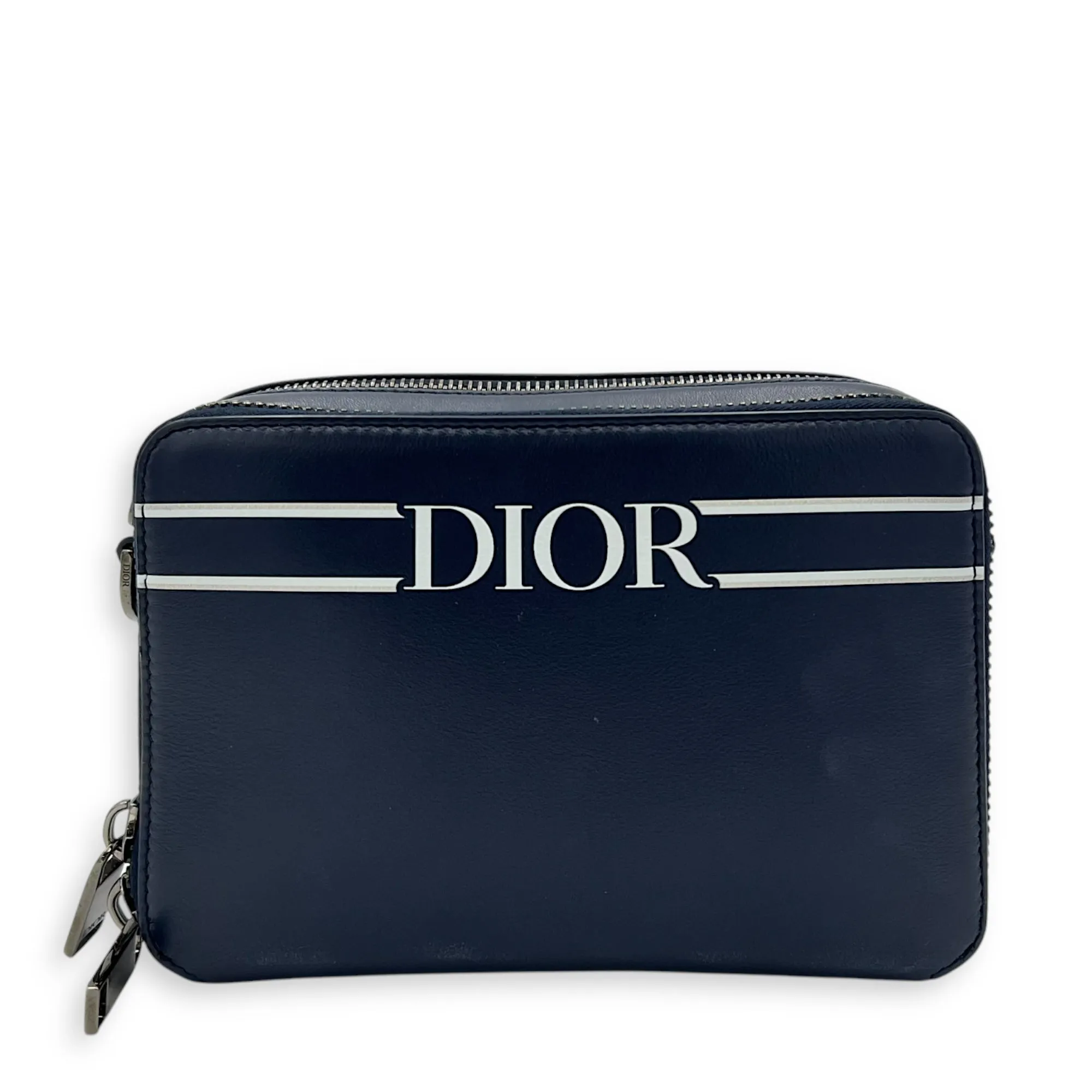 x Descente Double Zip Blue Crossbody Bag in Calfskin, Silver hardware